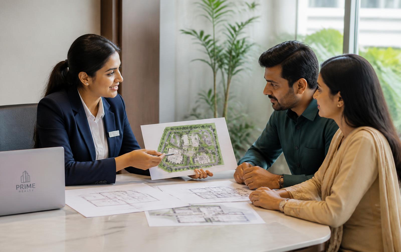 Priyanka Chouhan explaining a project layout to a homebuyer couple